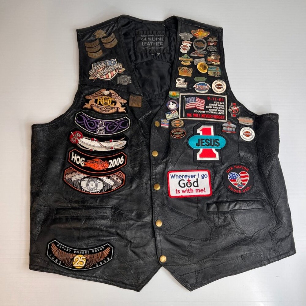 Navarre Vest Men Extra Large Leather Biker Church Collect Patch Pin Rare Core Ex